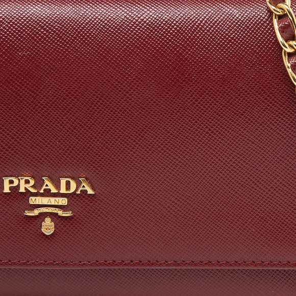 PRADA Dark Red Saffiano Metal Leather Wallet On Chain - Picture 7 of 8